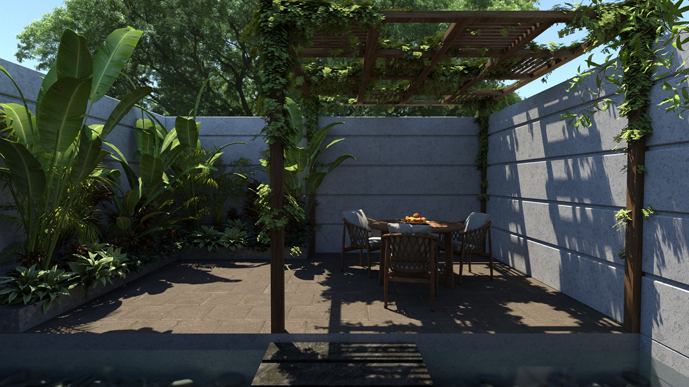 3D archviz courtyard exterior Fruit furniture lighting pergola vegetation Villa