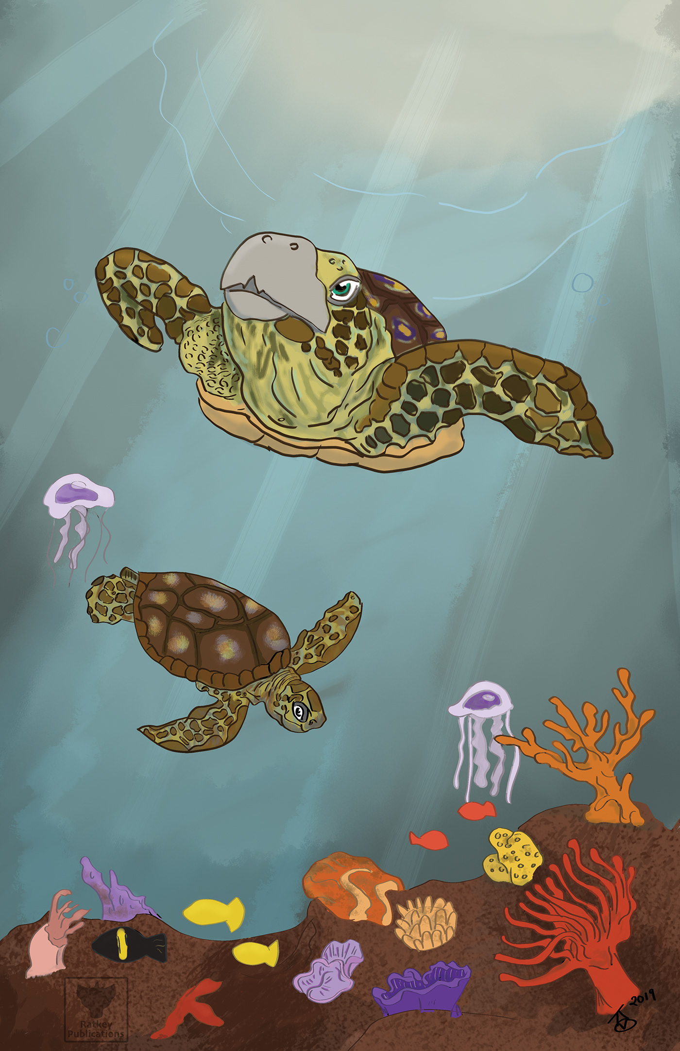 endangered sea turtle digital painting sea life aquariumstl Leatherback Loggerhead cintiq pro Shark Month coral reef