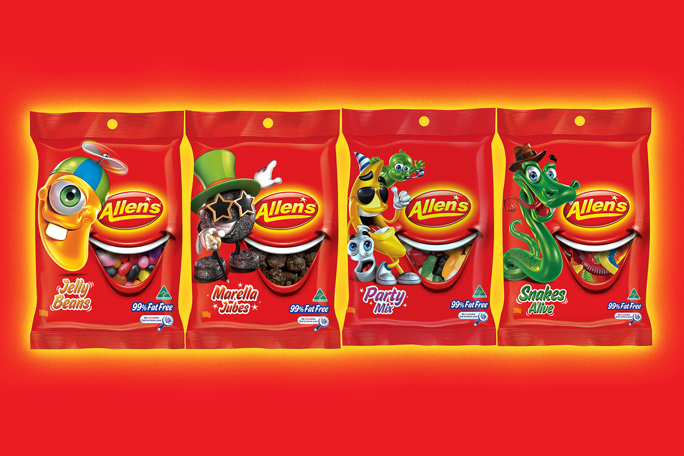 2008 Allen’s ‘Smile’ packaging design: Jelly Beans, Marella Jubes, Party Mix and Snakes Alive. 