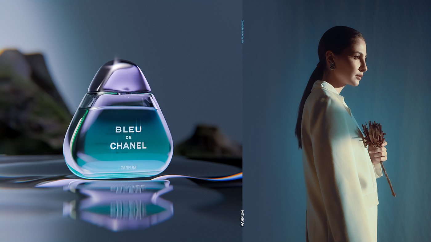 Blue de Chanel Perfume bottle rendered as a CGI with an edited female model.