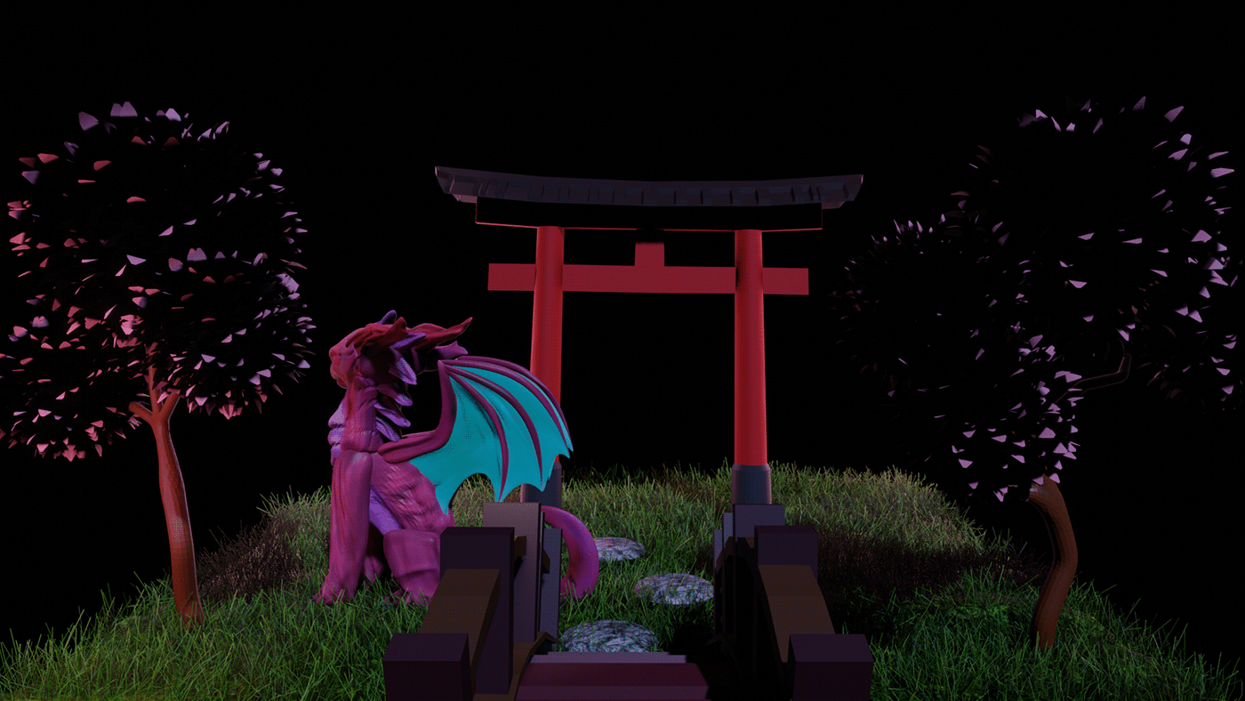 3D blender Character cute dragon garden japanesse tower