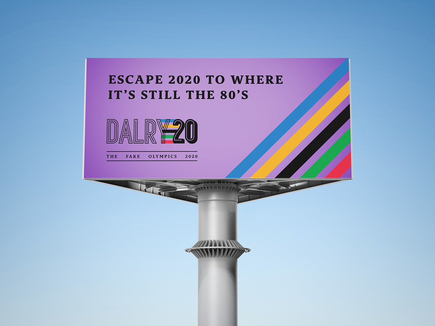 A purple billboard for the event. "Escape 2020 to where it's still the 80's - Dalry 2020"