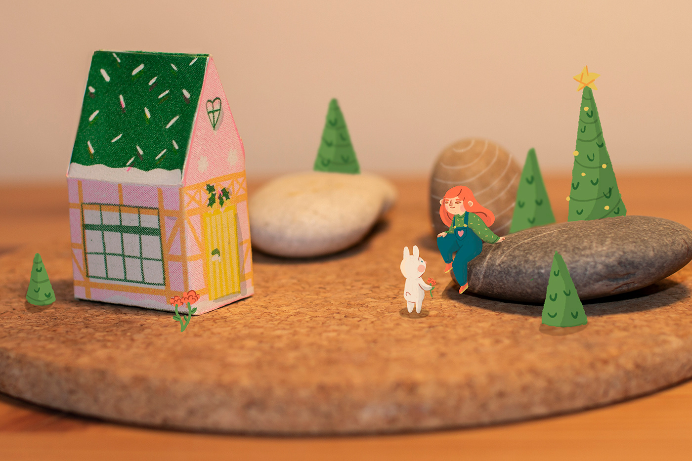 bunny Christmas girl house hybrid ILLUSTRATION  papertoy print Riso stones