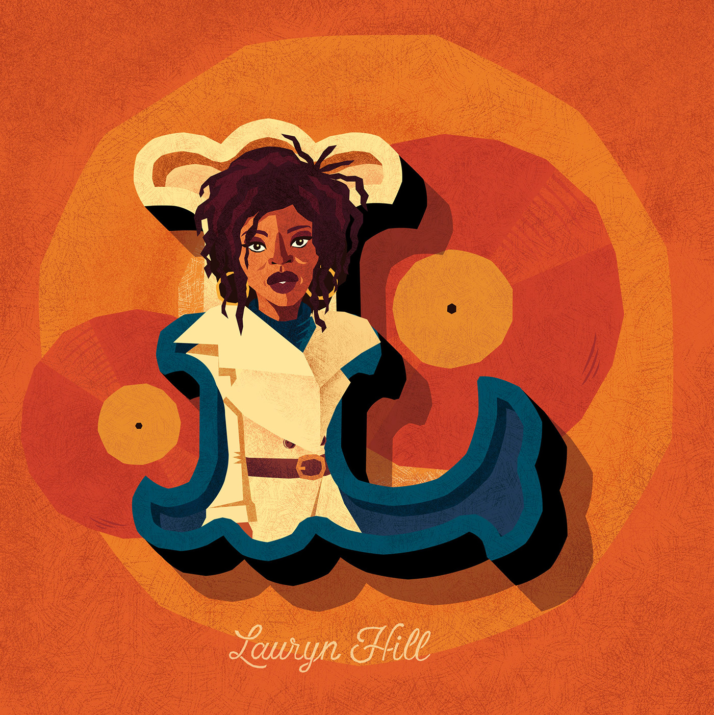 Decorative capital letter L with caricatures of singer and rapper Lauryn Hill