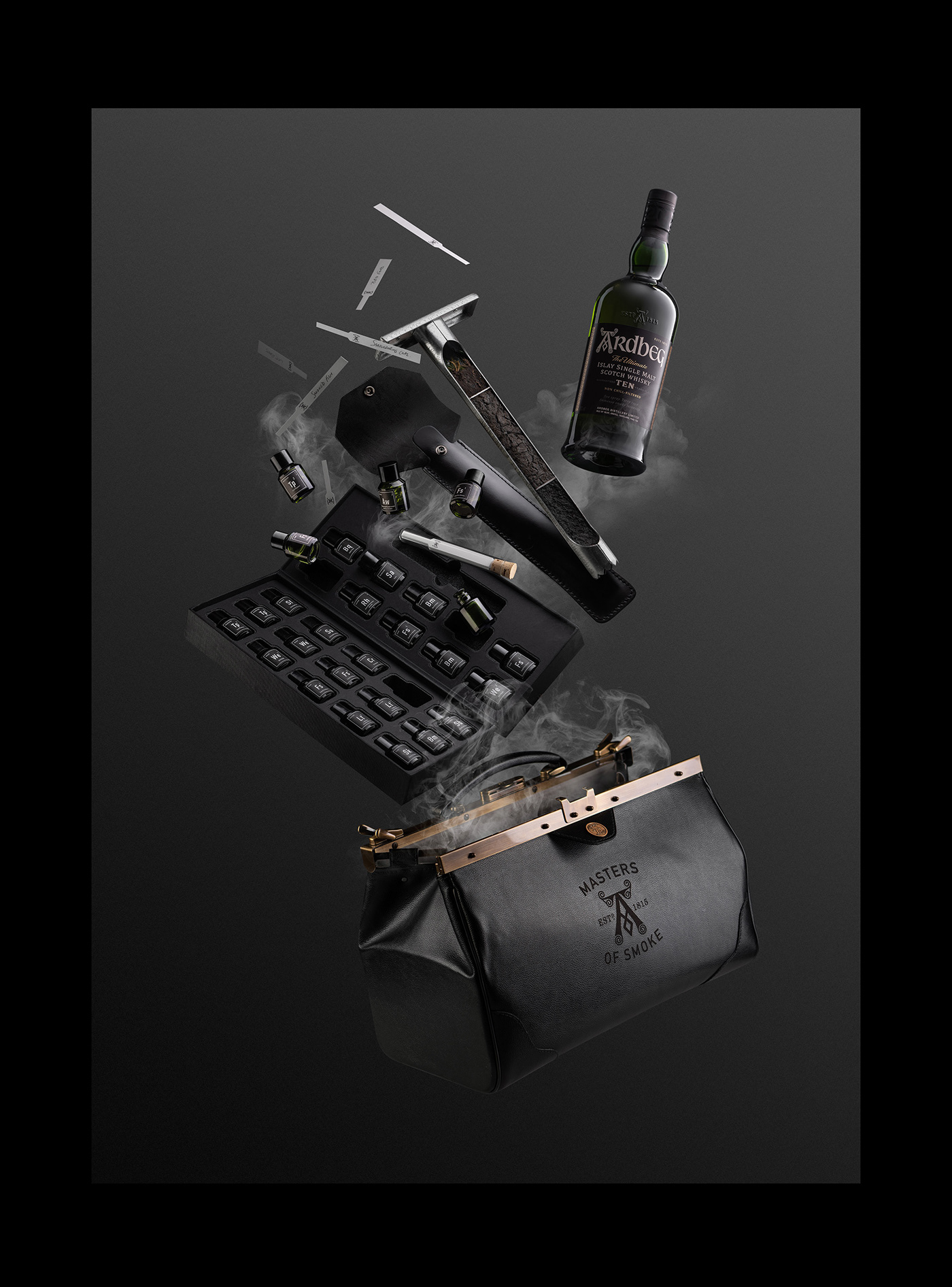 Ardbeg bag black design Dior Packaging Photography  science smoke Whisky