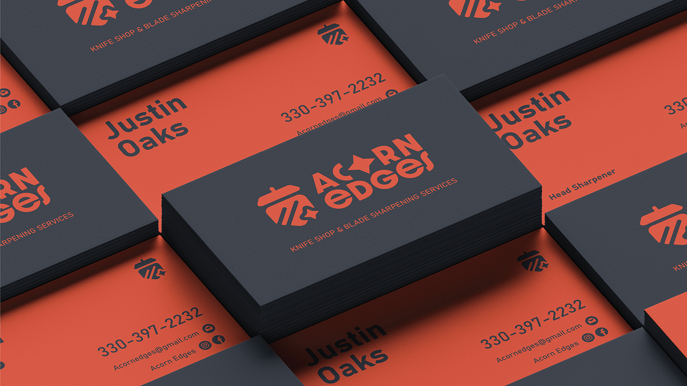 branding  knife Knife Sharpening Logo Design Packaging acorn acorn edges knife shop letterhead namecard