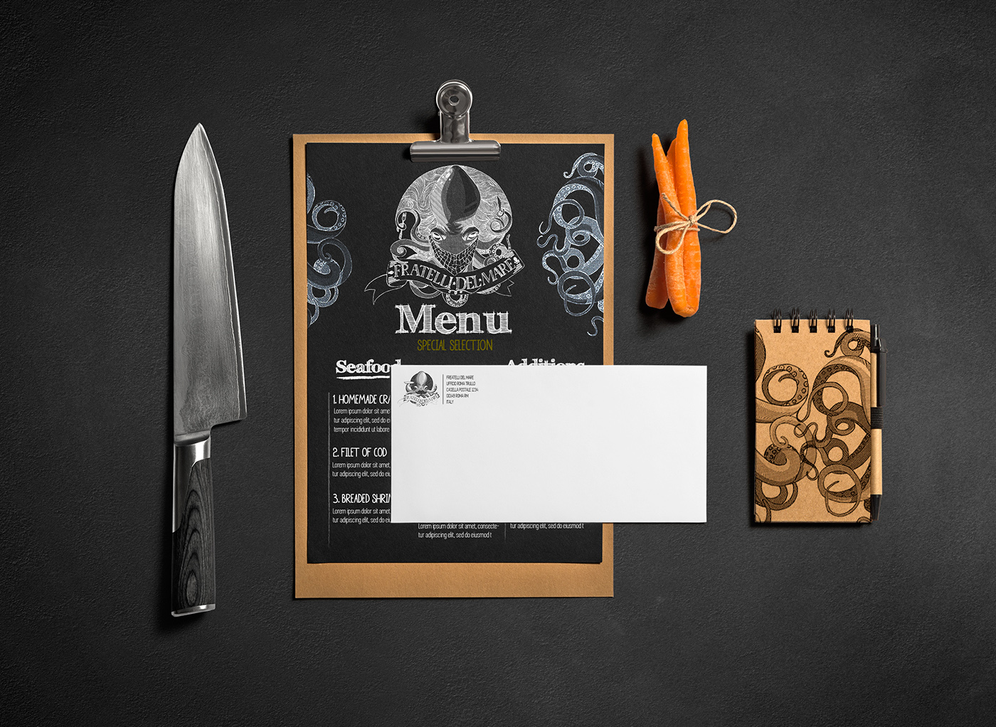 octopus menu seafood Squid restaurant card lineart inverse black