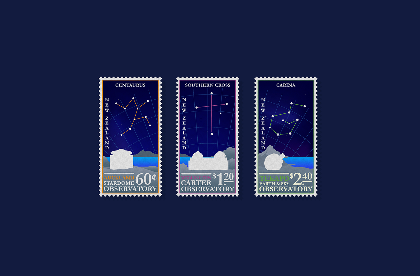 stamps Postage New Zealand stars Constellations design print post Collection Travel astronomy Observertory