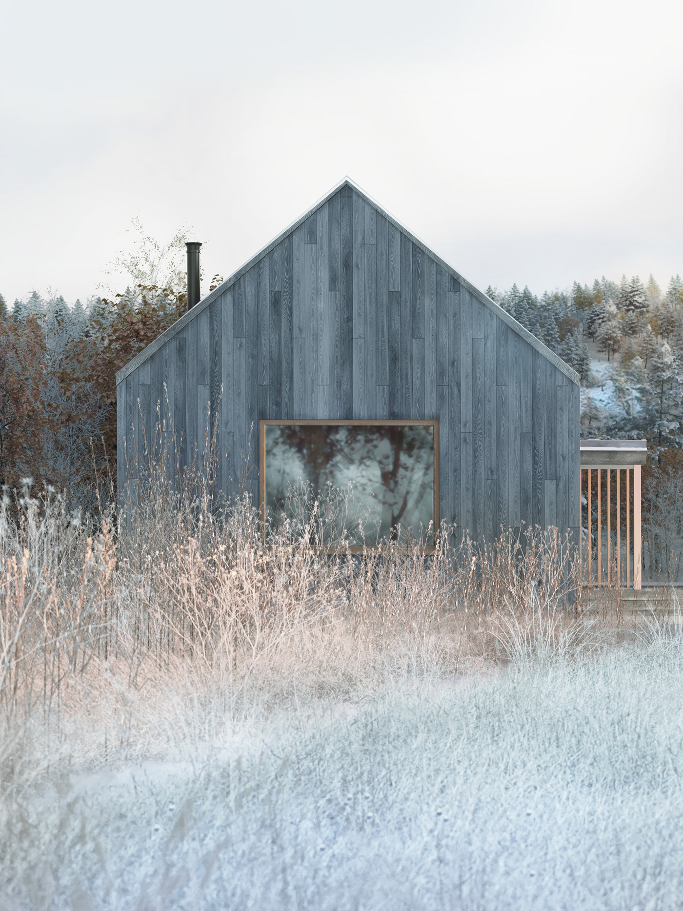 grass Exterior rendering small house winter trees wood house visualization 3ds max cottage house snow on the grass Winter exterior