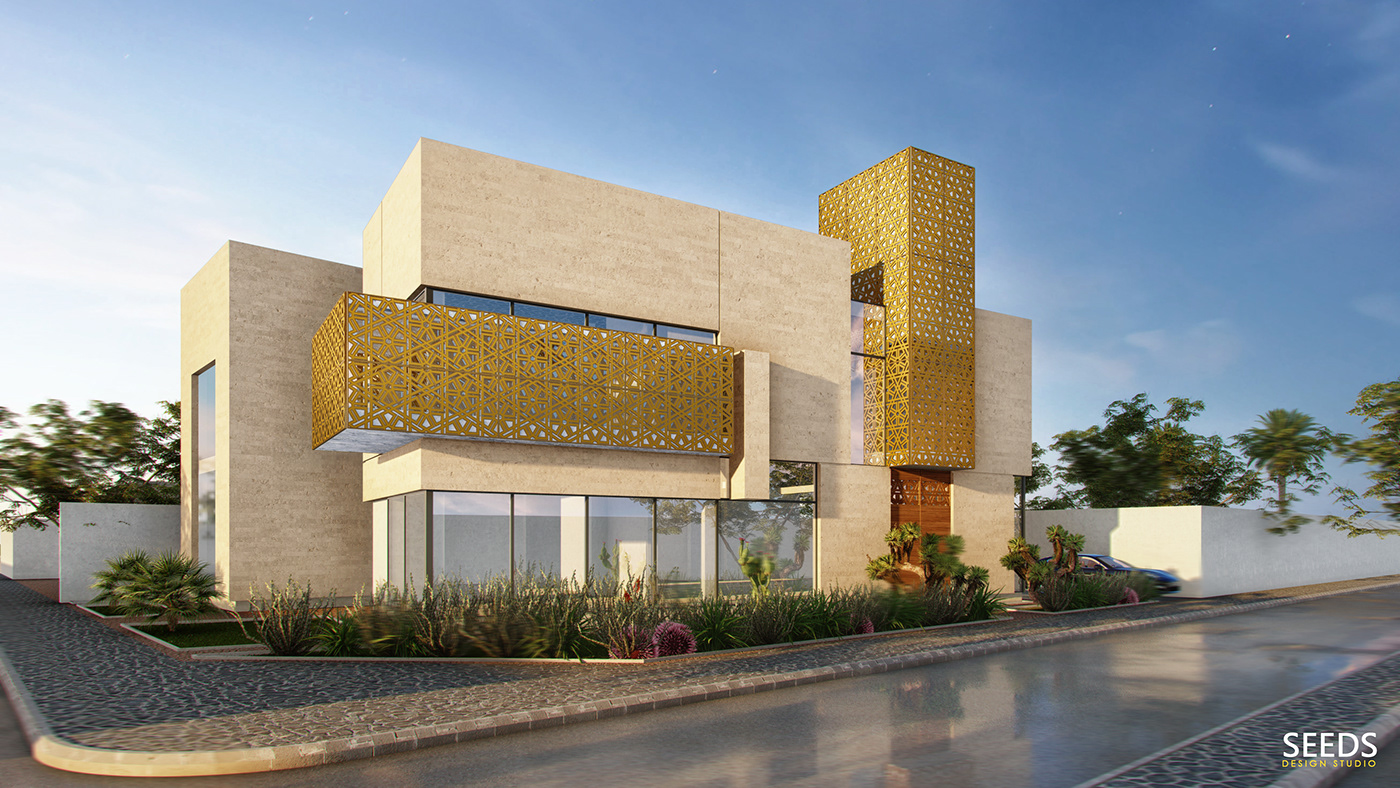 design facade pattern Villa stone golden residential lumion SketchUP architecture