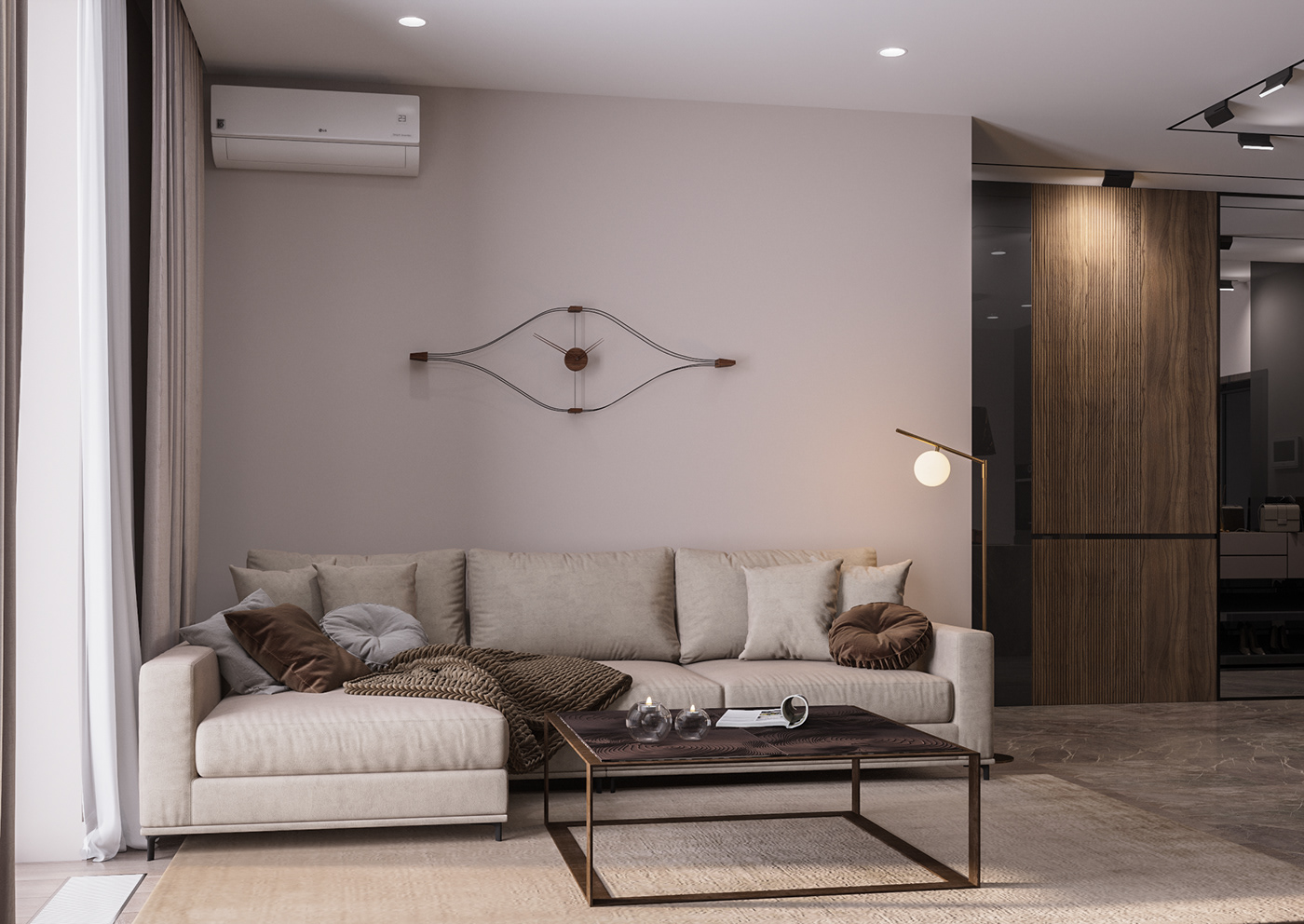 Minimalism studio kitchen livingroom design dark Interior beige