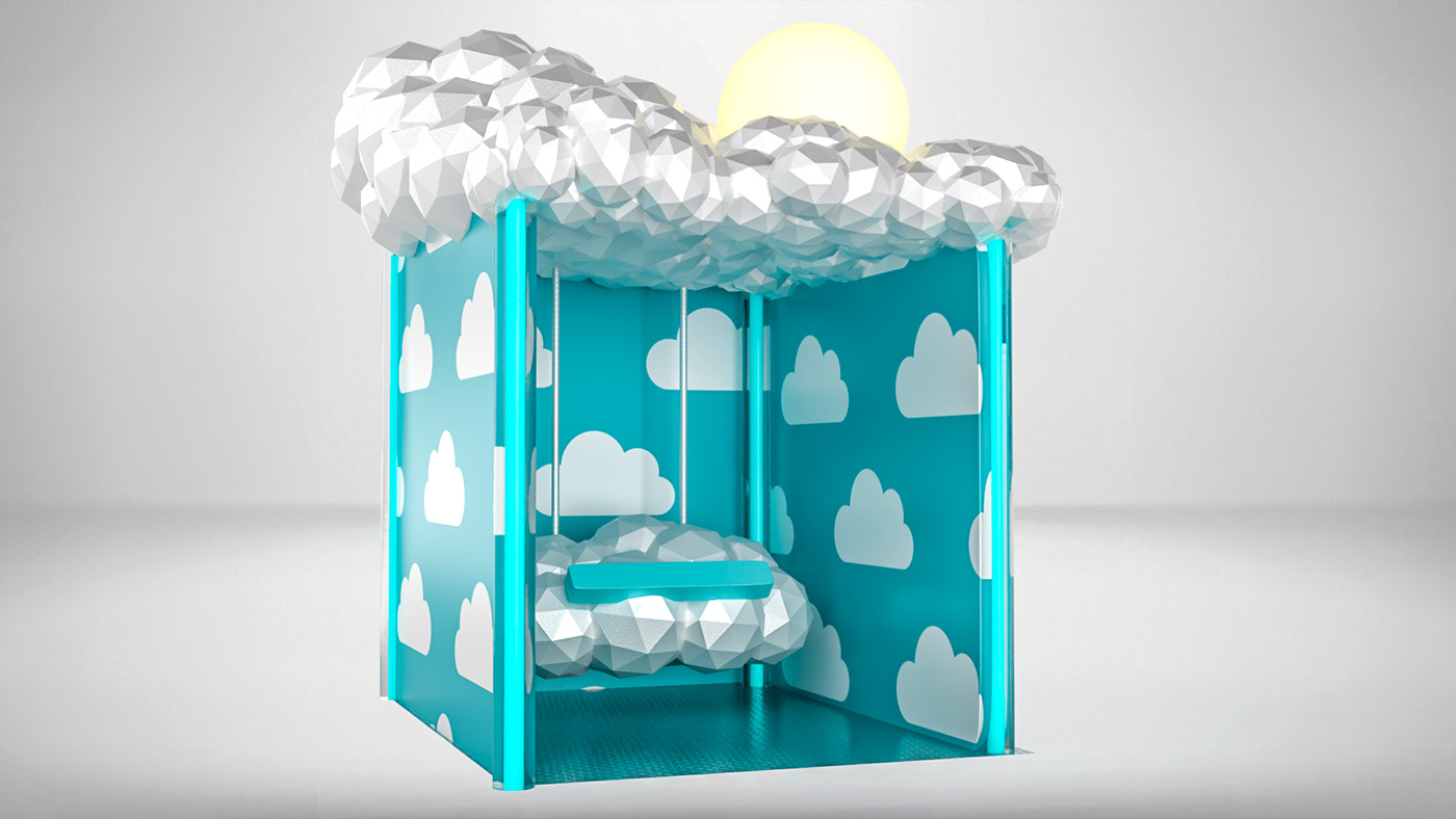 A 10 by 10 foot booth with reflective low poly cloud swing, and roof made of low poly cloud. 