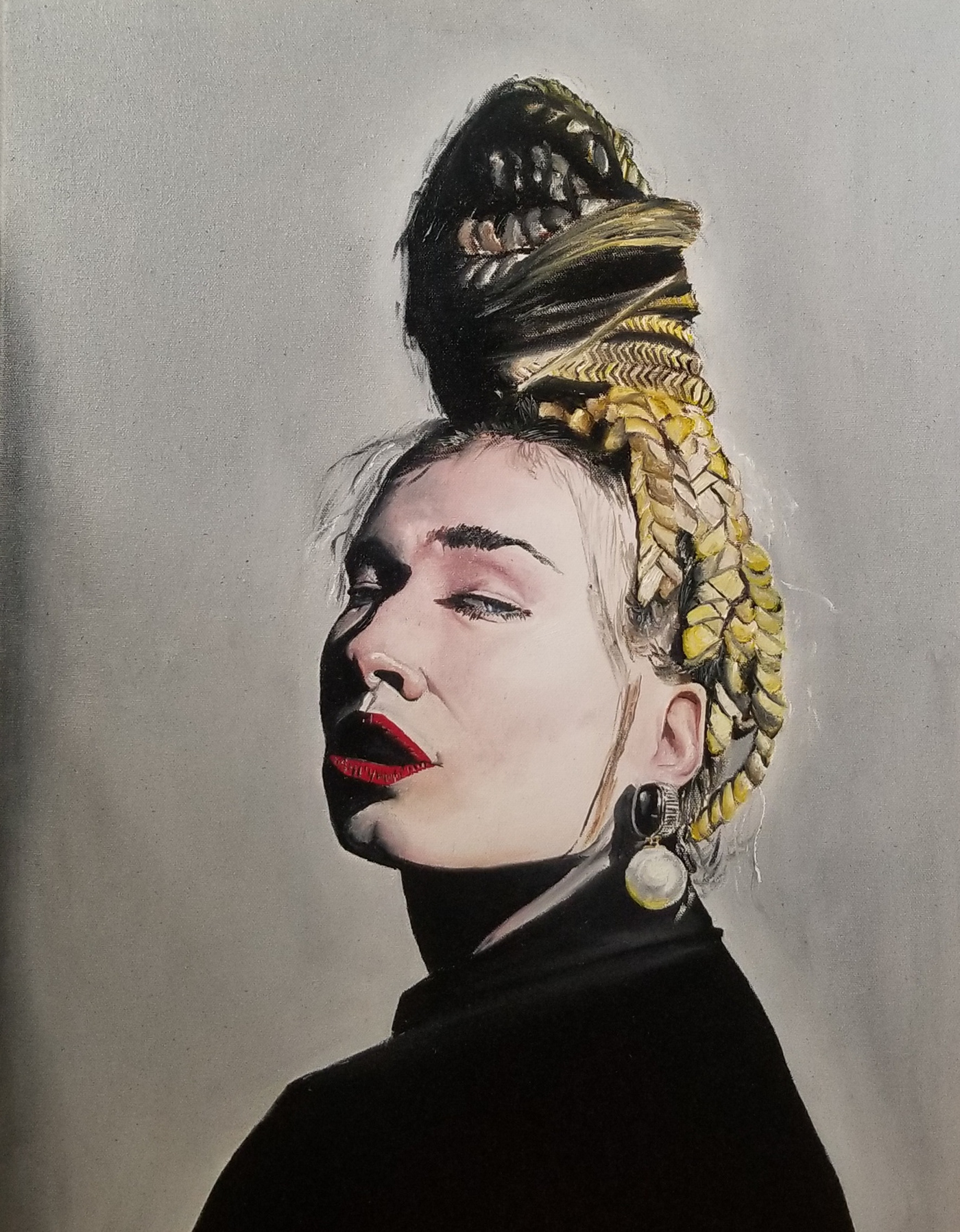 beautiful woman black and white painting braids Drawing  fine art lipstick Oil Painting painting   Portrait Painting women hairstyle