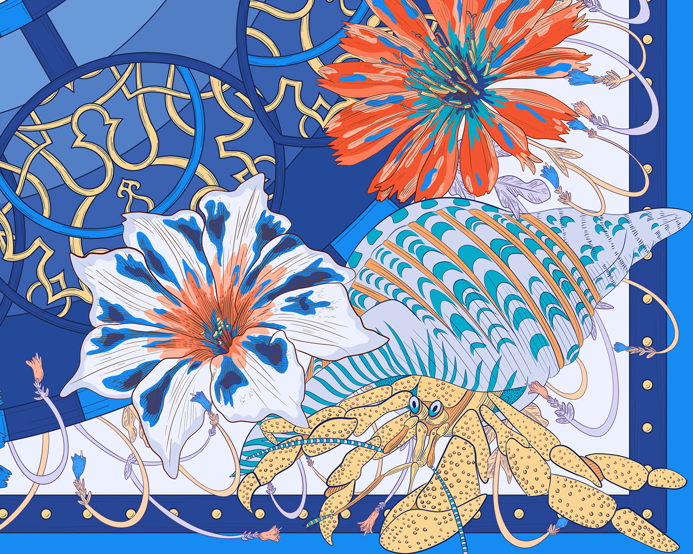 Textile design of a blue hermit crab next to a flower on the corner of silk scarf design.