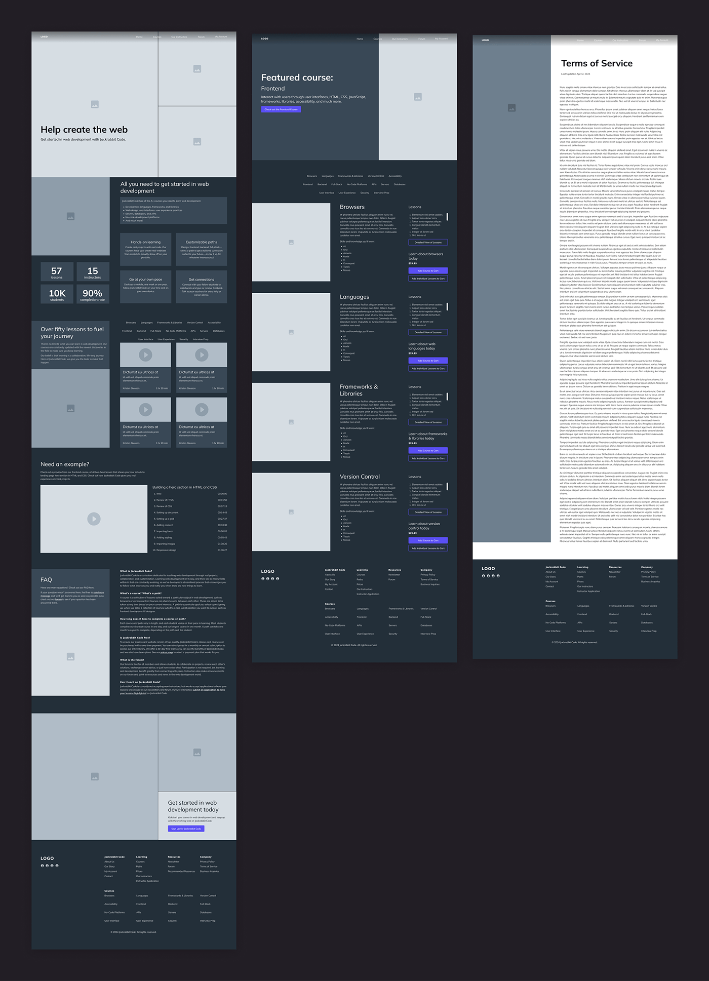 Wireframes of the desktop design, showing the landing page, courses page, and terms of service page