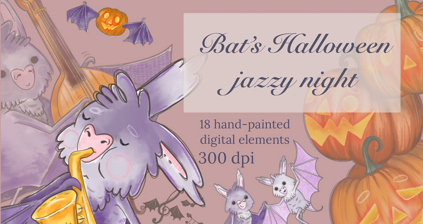 watercolor digital clipart Halloween bat pumpkins jazz music party Procreate ILLUSTRATION  Character design  Digital Art 