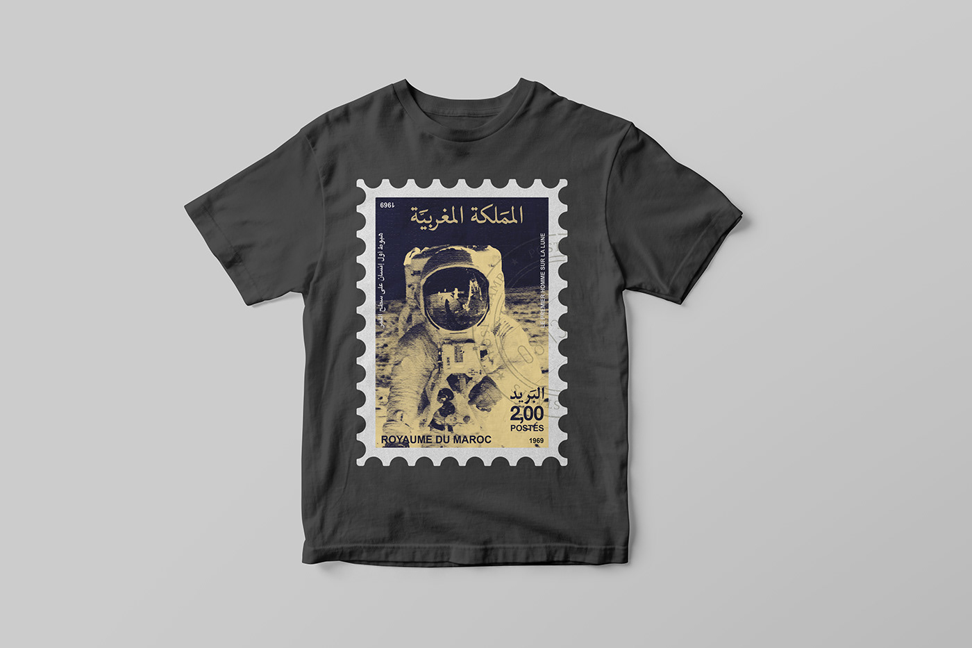 Moon landing stamp tshirt Morocco shirt design astronomy branding  fashion design