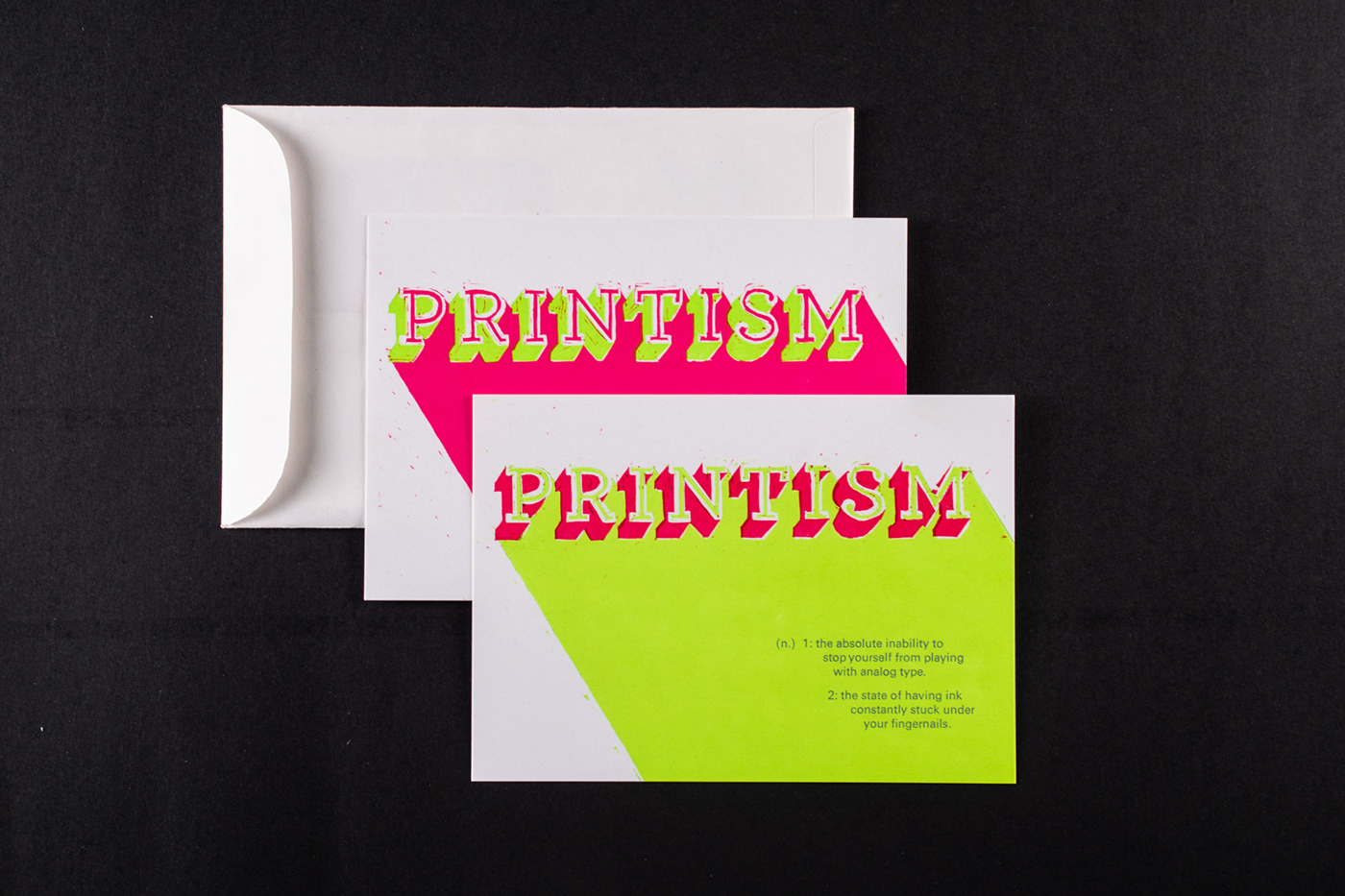 print letterpress relief printing fluorescent printism ink linoleum linocut carving postcard