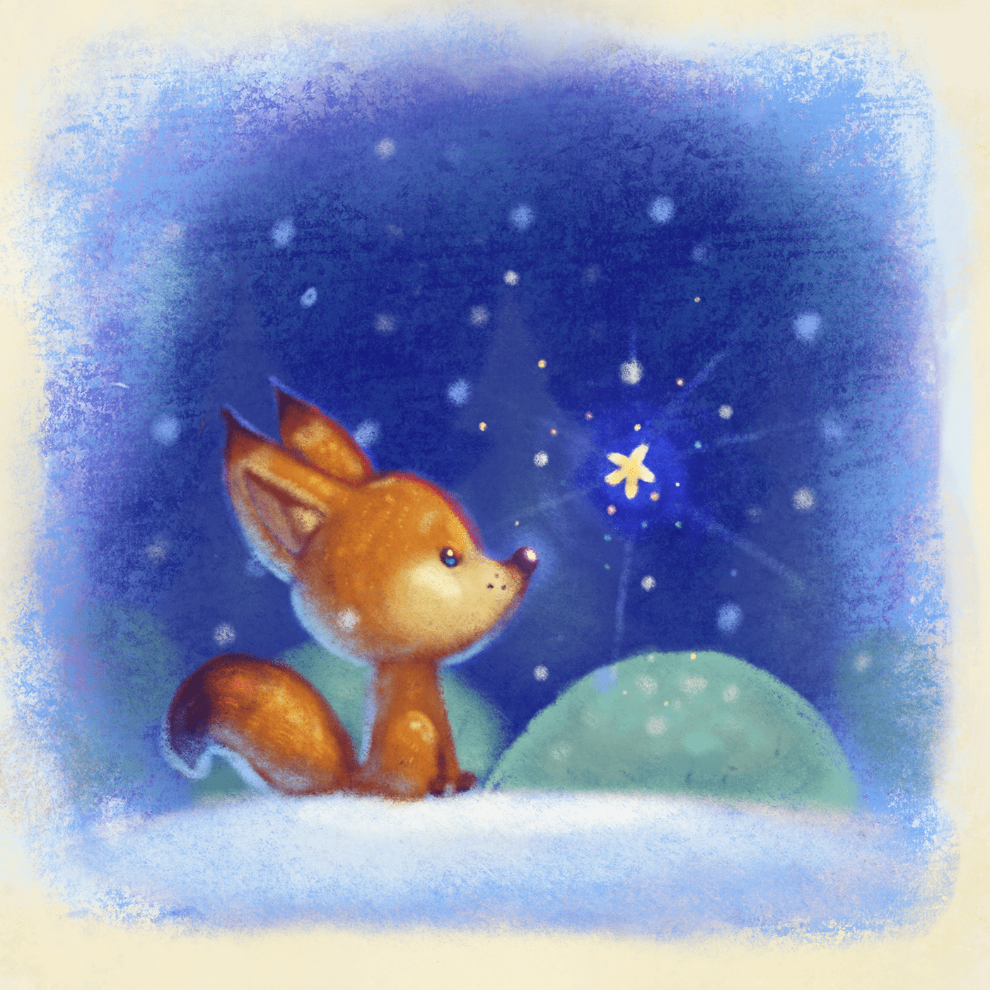 ILLUSTRATION  FOX snow star Magic   winter wonderland twinkle cute children's art