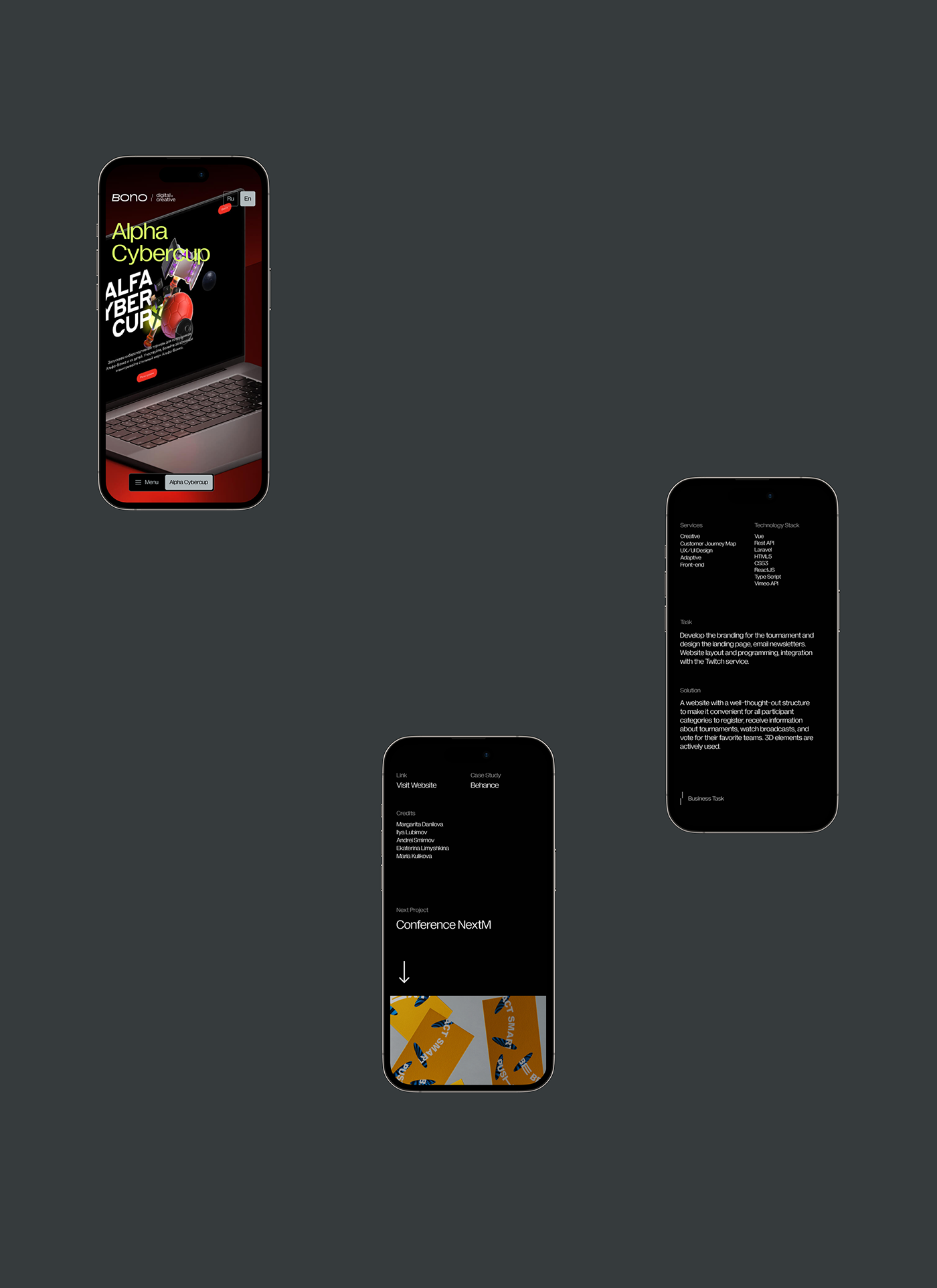 Bono Digital. Website design, 3D design & development. Case study, mobile versions.
