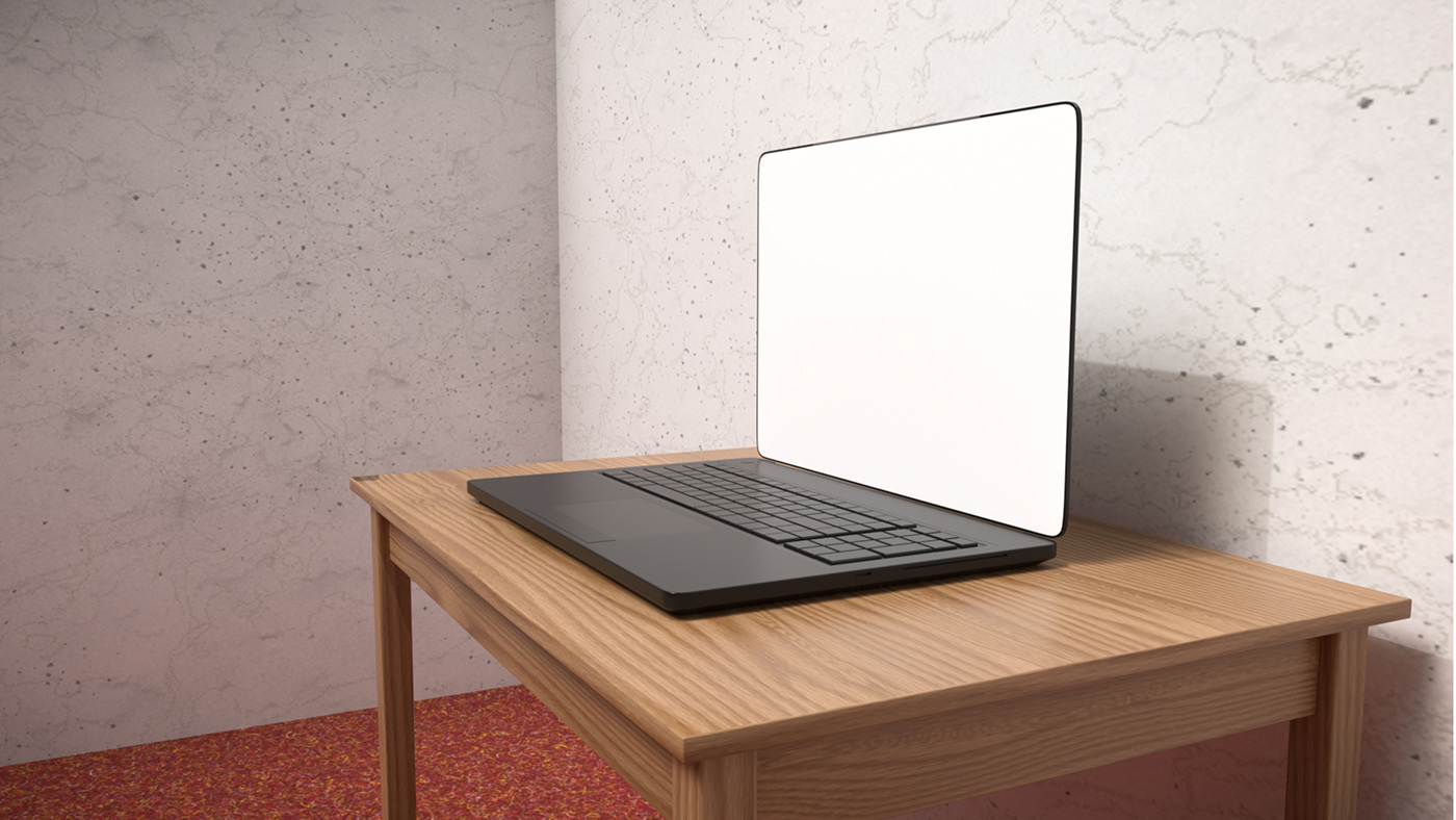 Laptop wooden table Mockup display mockup 3D model casual room Screen mockup