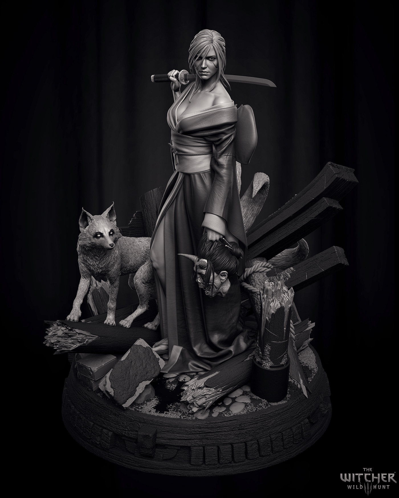 collectibles FOX girl katana kimono samurai sculpture witcher woman