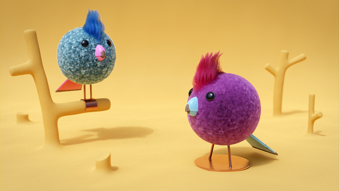 little birds birds furry 3D illustration cartoon