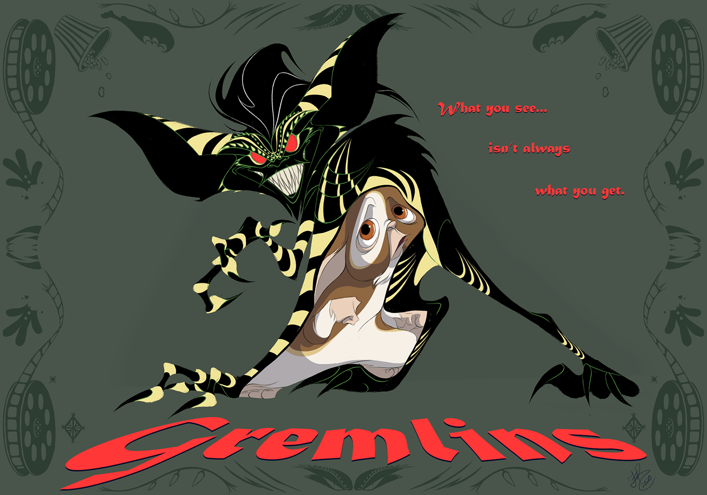 A digital art piece of a movie poster for "Gremlins."