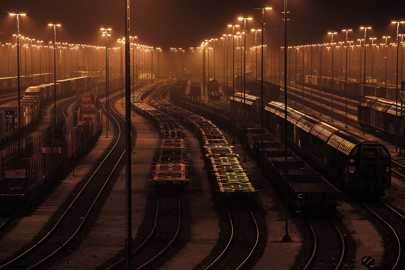 industry foggy night railway freight traffic container terminal industrial landscape hamburg Photography  harbour