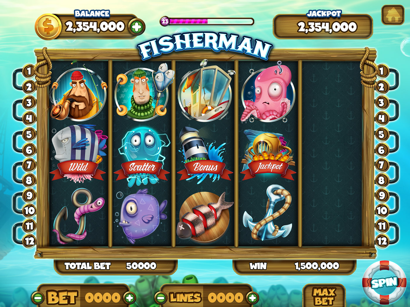 slot games slot mobile iphone Fisherman ILLUSTRATION  design fish game Casino games game logo