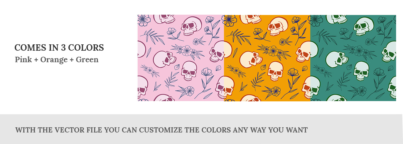 chic colorful Flowers foliage Halloween pattern seamless skulls spring