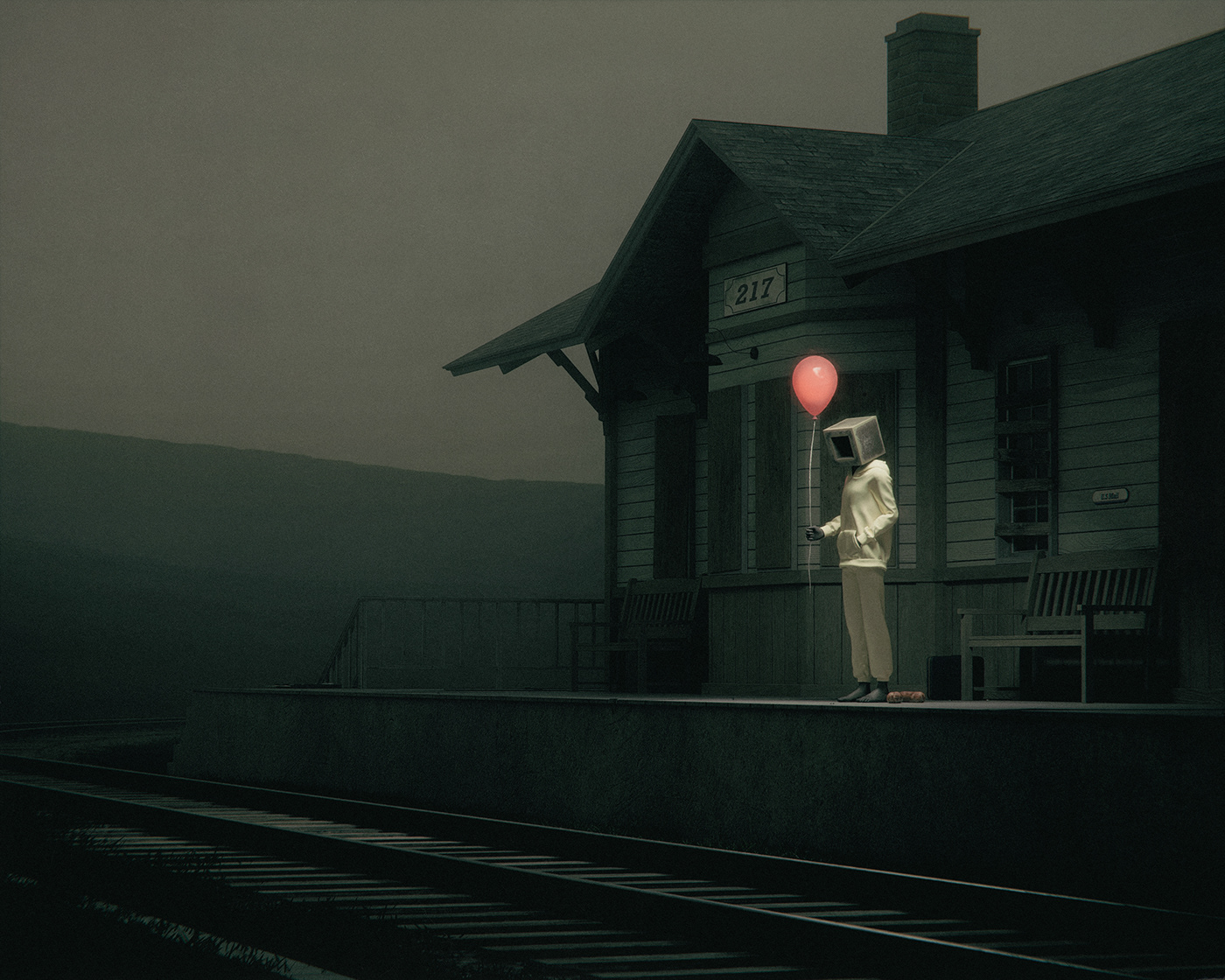 dark mood night balloon train station 3D Render Digital Art  art red