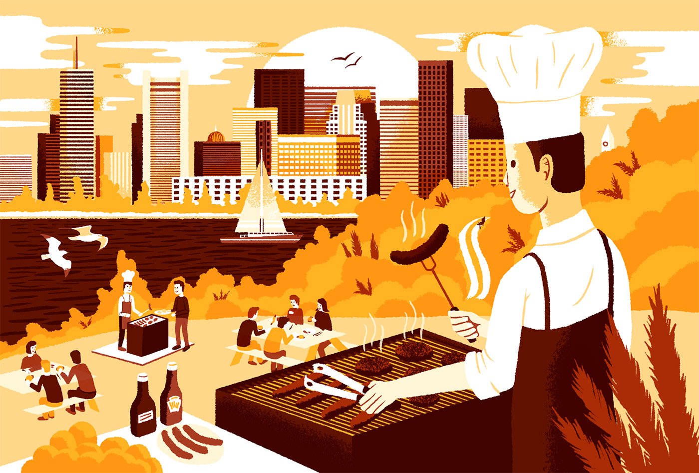 editorial ILLUSTRATION  BBQ barbeque chef Park boston picnic cook sausage
