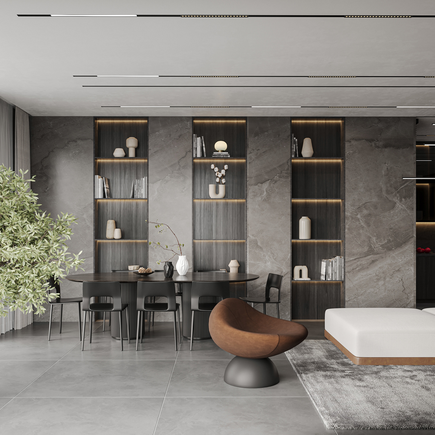 Modern studio modern minimalist dining room interior design  visualization simple grey black and white