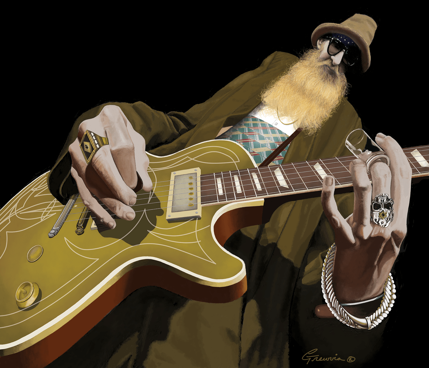 Billy Gibbons digital painting caricature. Digital Painting Adobe Photoshop.