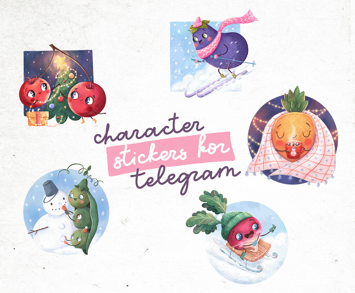 stickers Character design  digital illustration Telegram children illustration cute illustration vegetables fruits Christmas new year