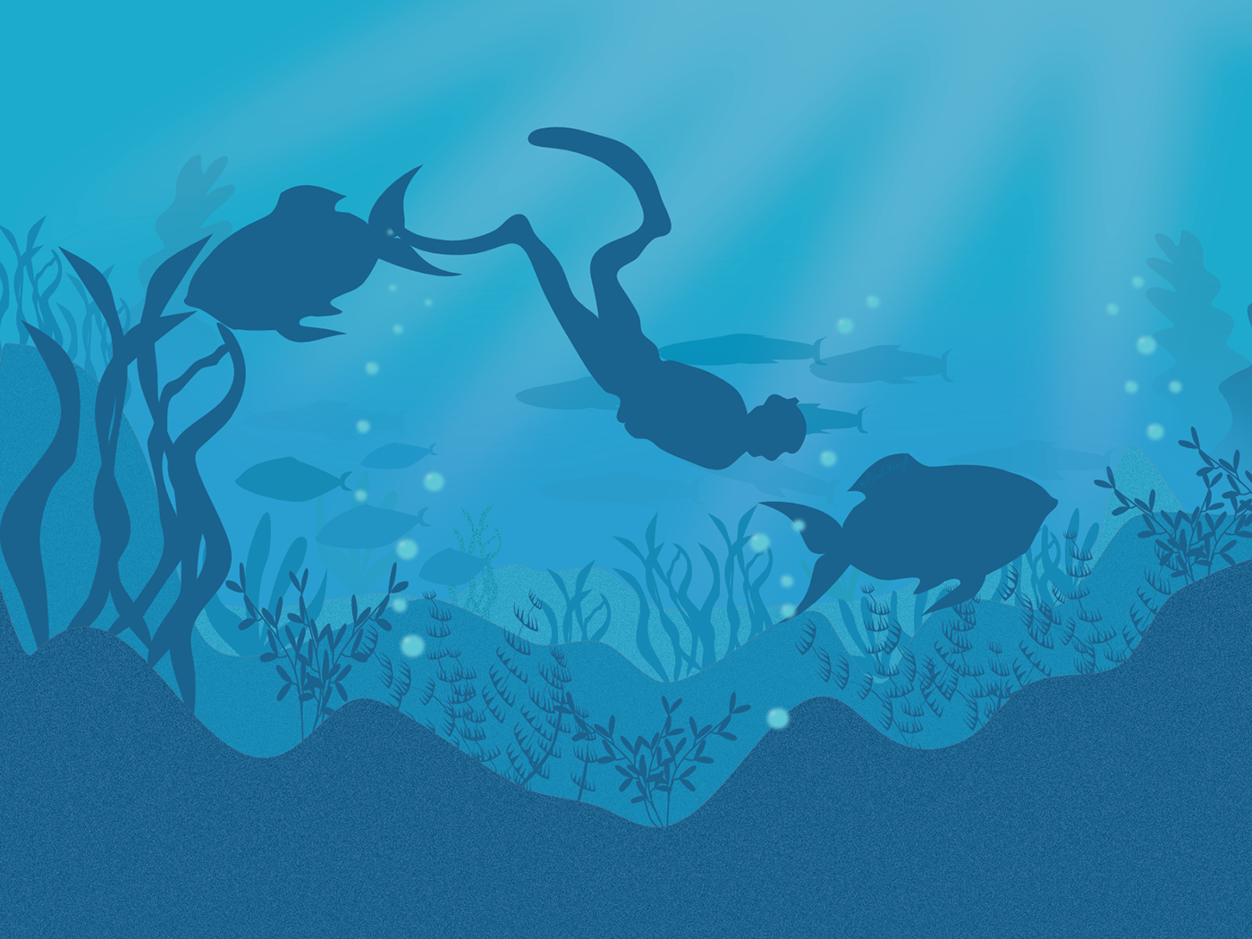 Vector illustration of a diver in a reef in monochromatic blue tone