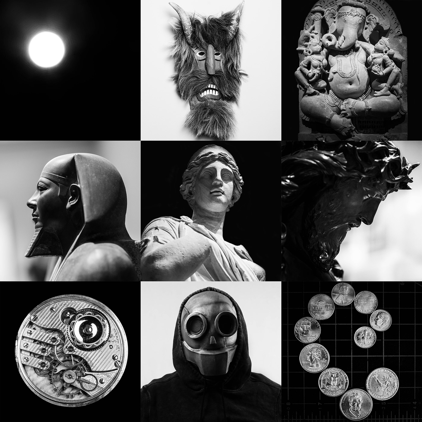 collage ai deus ex machina polytheism monotheism ganesha mask pharaoh minerva