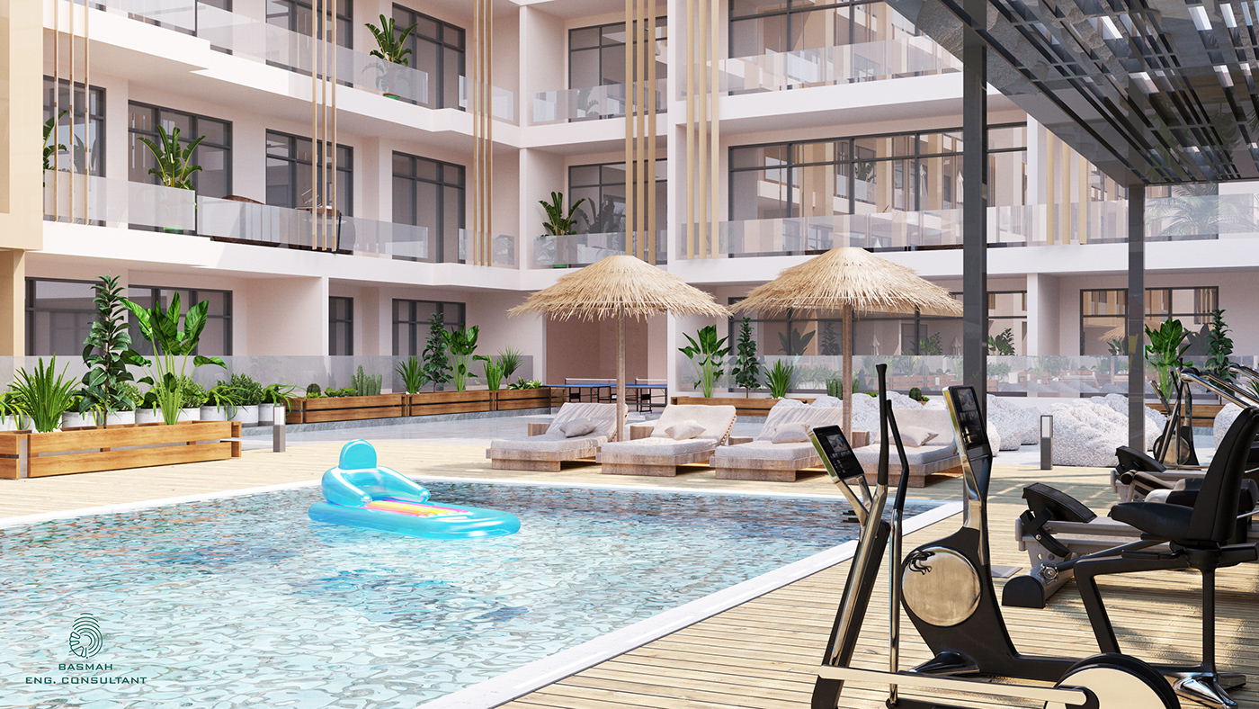 building Render swimming pool exterior Landscape architecture modern 3D visualization vray