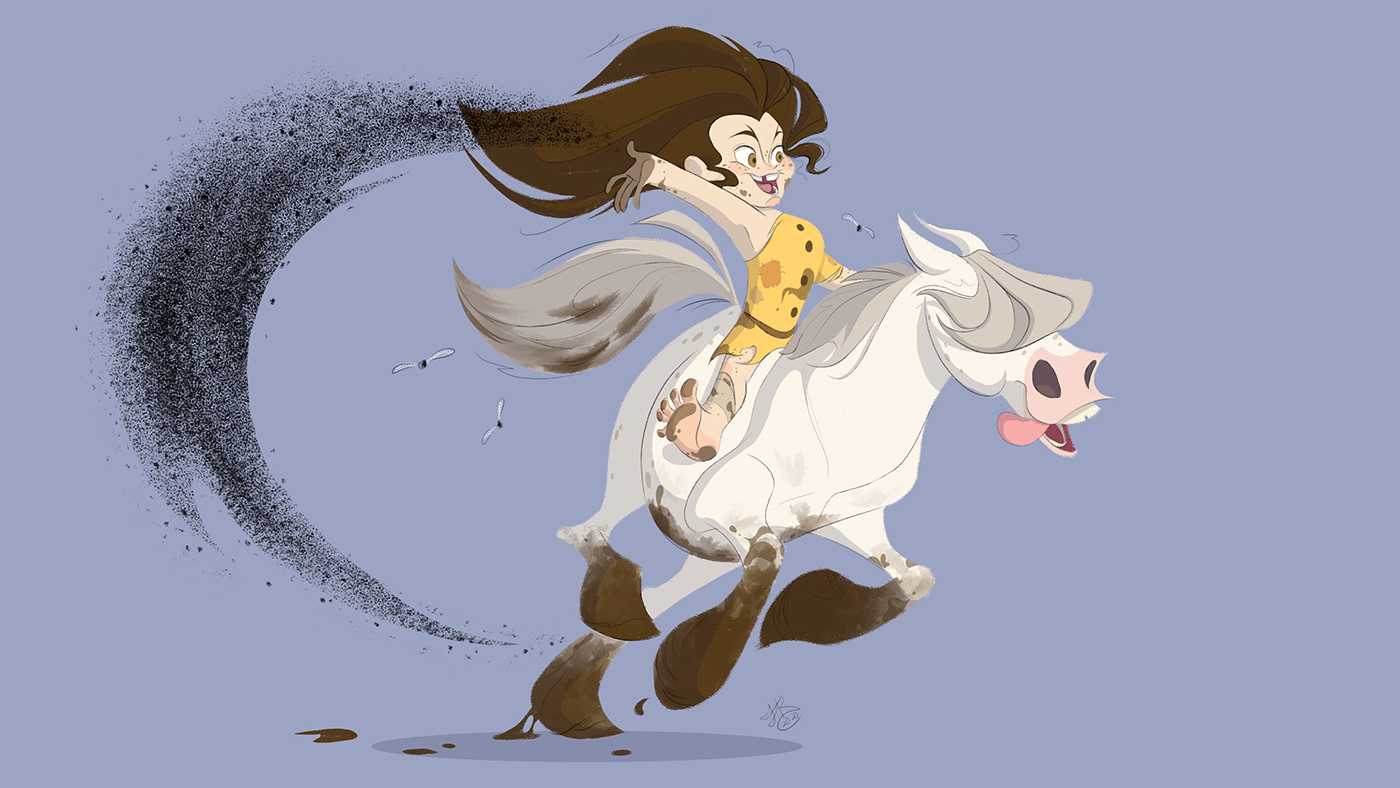 Pestilence, a filthy impish little girl riding on her white pony.