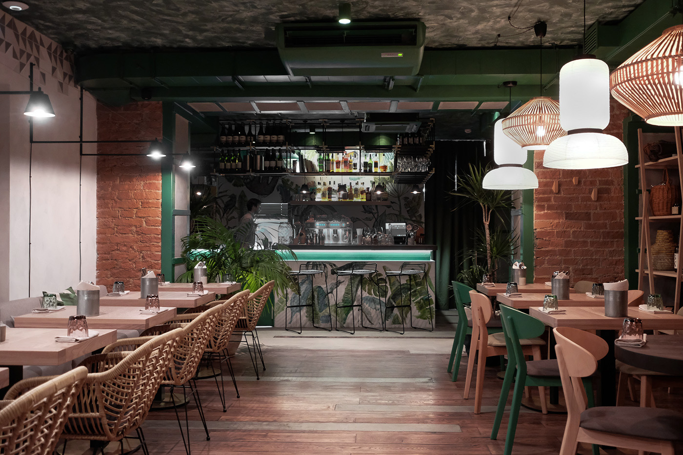 restaurant cafe jungle trees wood modern architecture design
