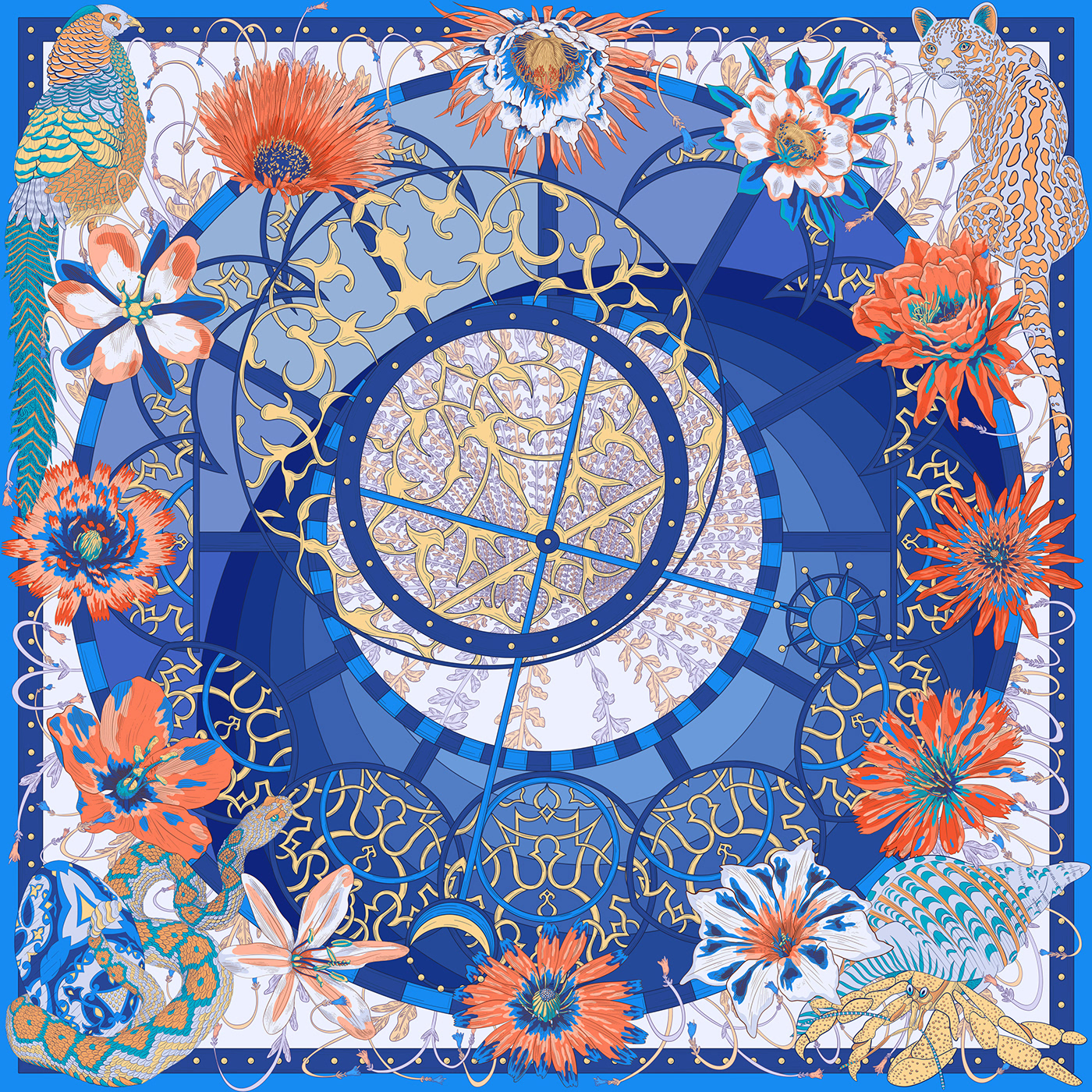 Digital square scarf illustration of a large blue flower clock with animals sitting in each corner.