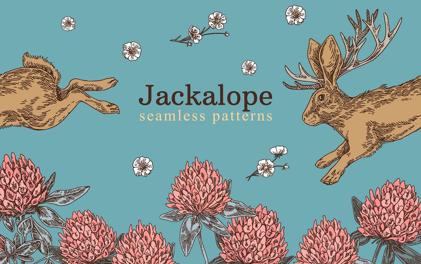 animals clover engraving Flowers jackalope pattern rabbit seamless vector vintage