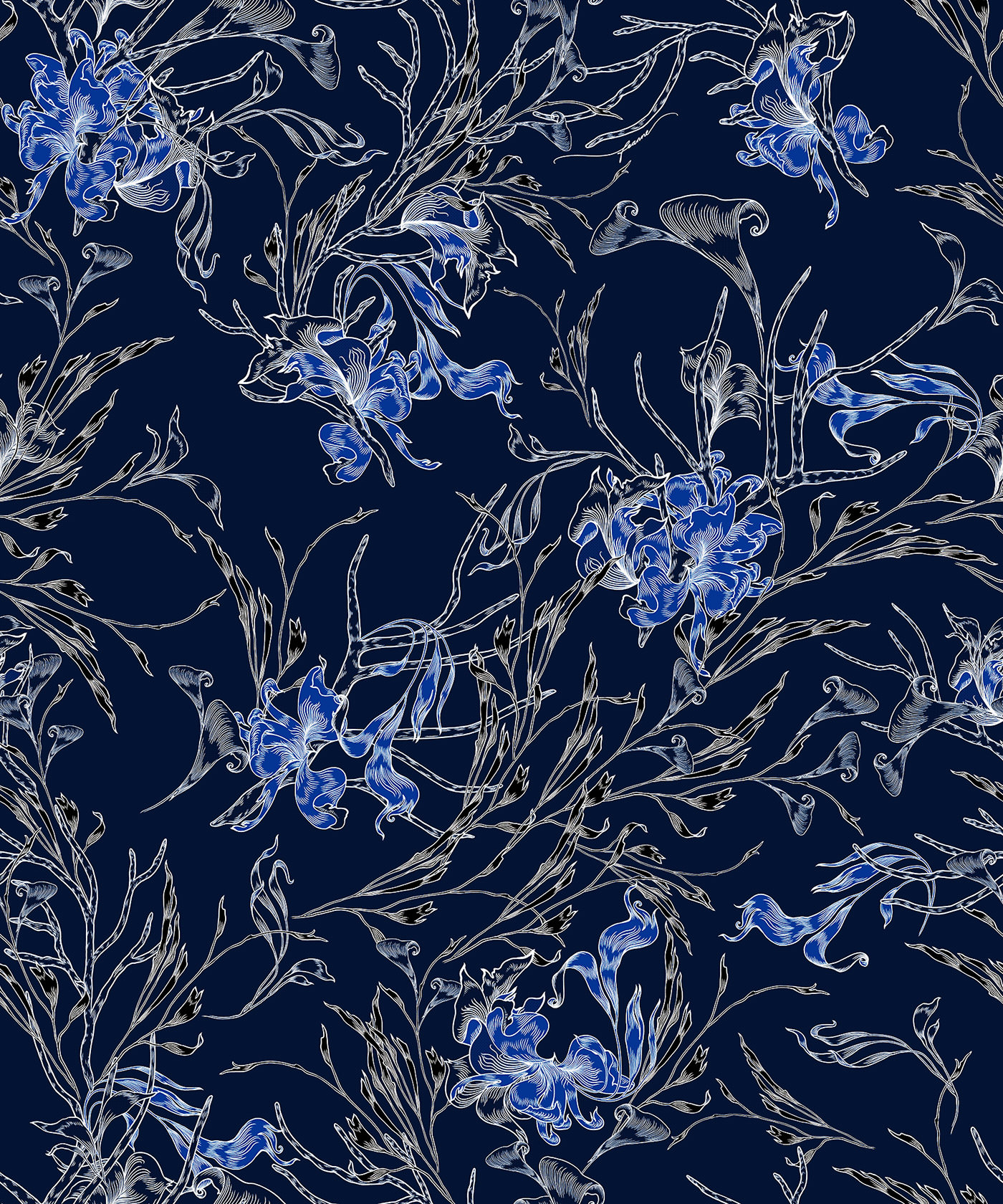 botanical coral floral ILLUSTRATION  pattern white and blue hand-drawn