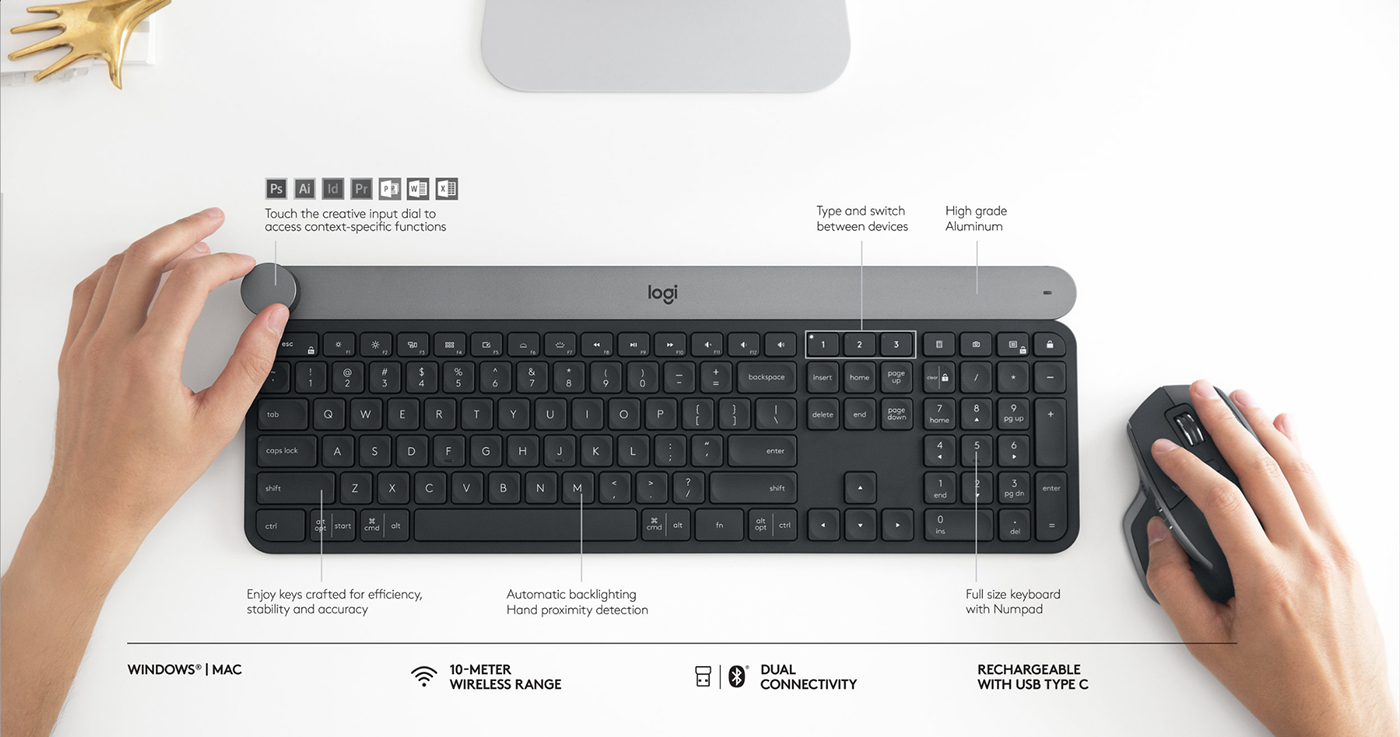 keyboard industrial design  Logitech Logi metal dial wireless Electronics desk Office