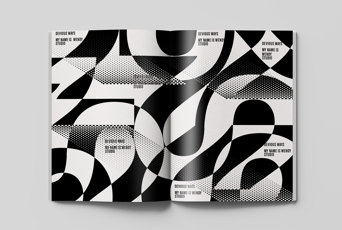 Typographic composition with black and white patterns and shapes