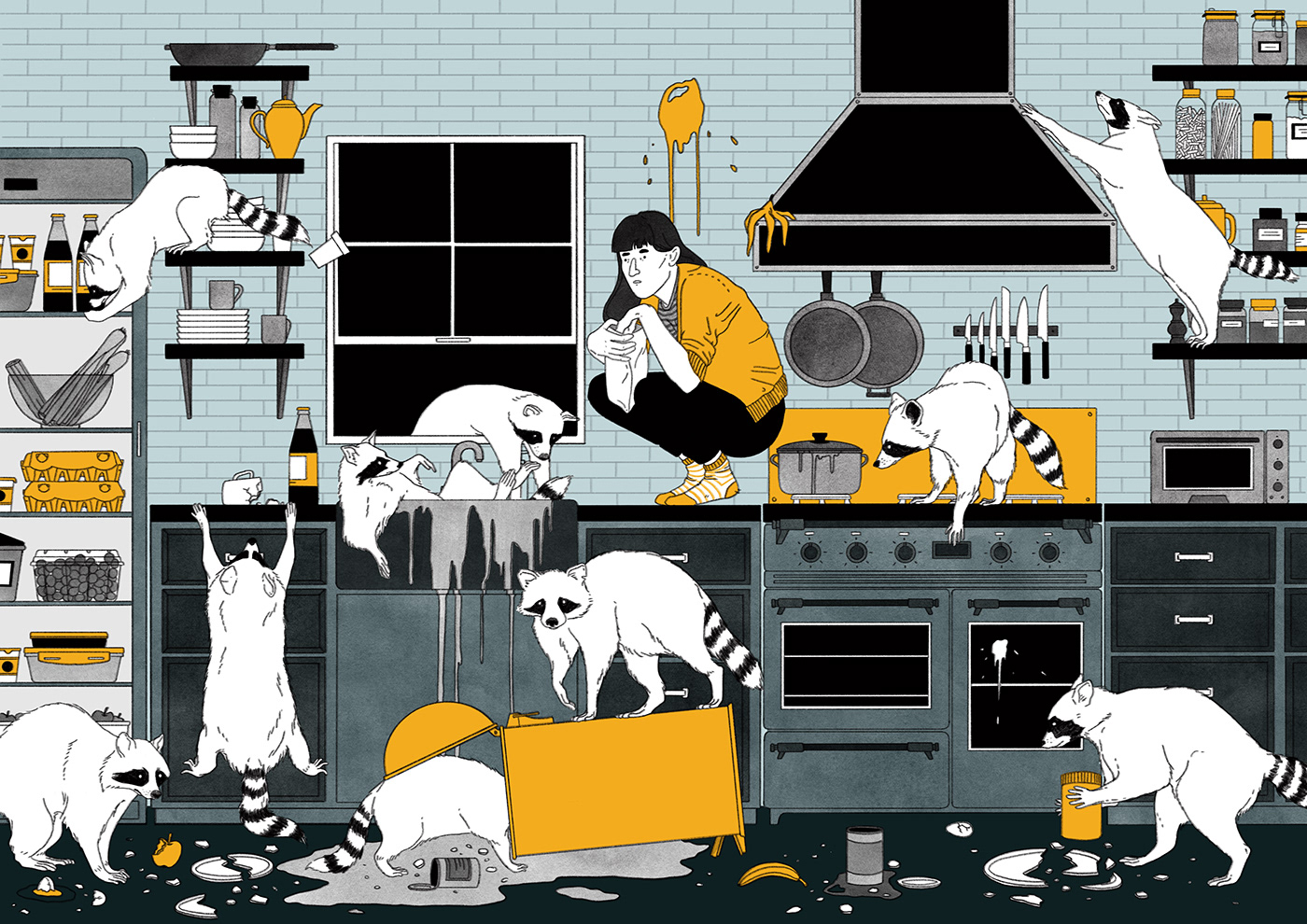 ILLUSTRATION  Editorial Illustration flat colors Julia Bernhard raccoon animals kitchen Procreate