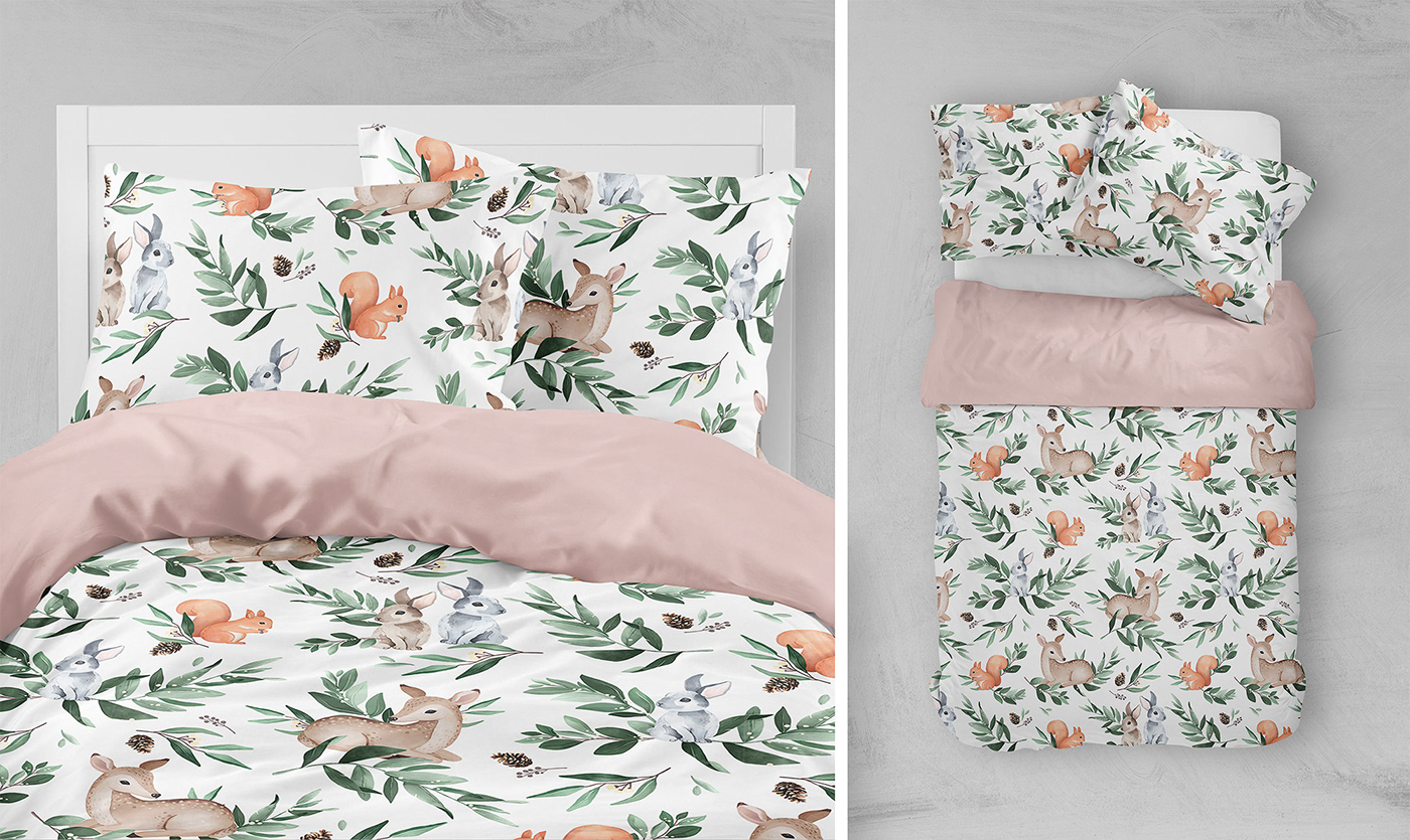 bedding design bunny deer leaves pattern textile pattern watercolor