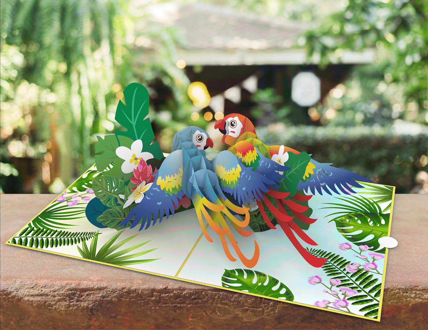 bespoke graphic design  handmade card Love bird Tropical pop-up book papercraft pop-up card