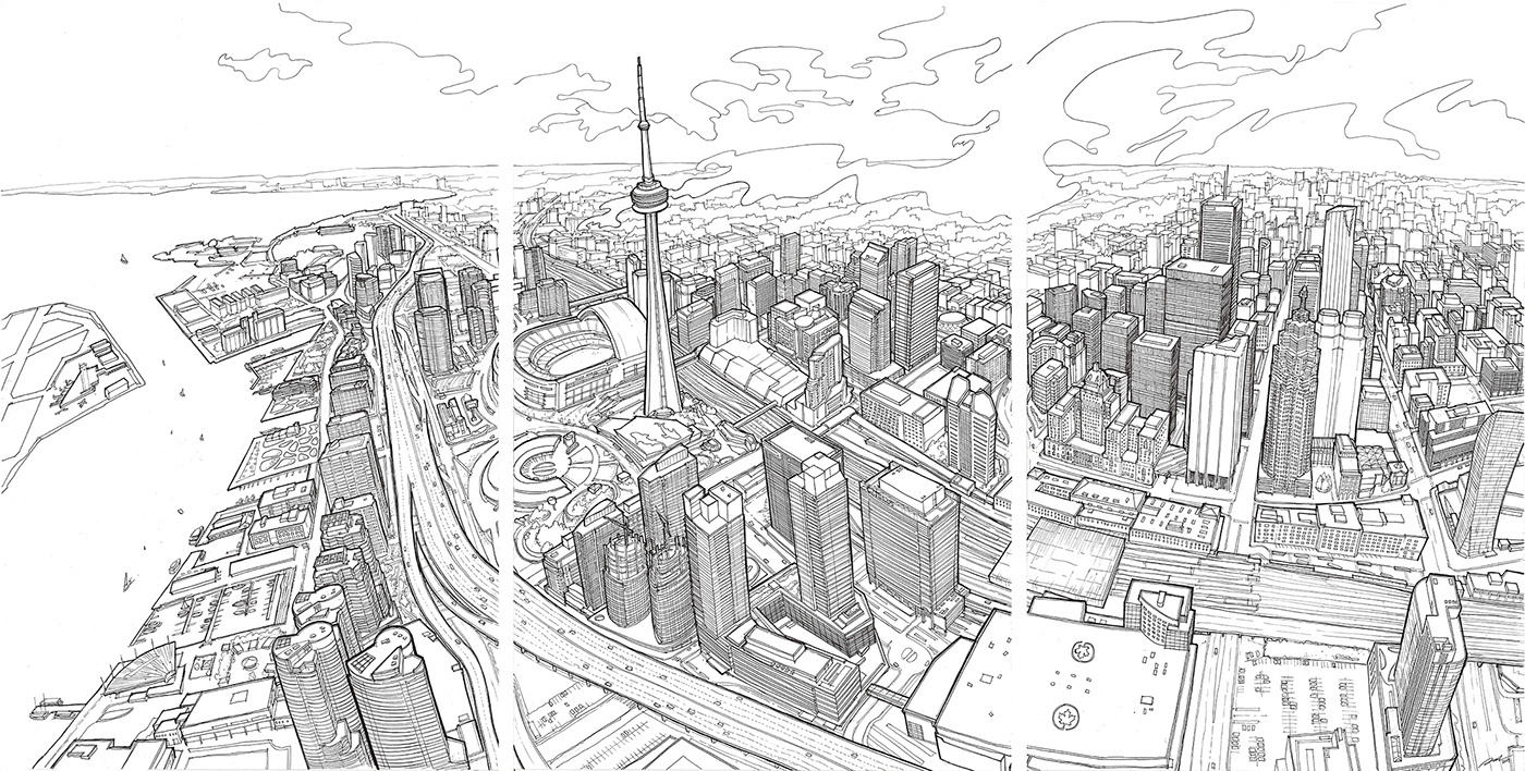 Toronto ink drawing Perspective Aerial